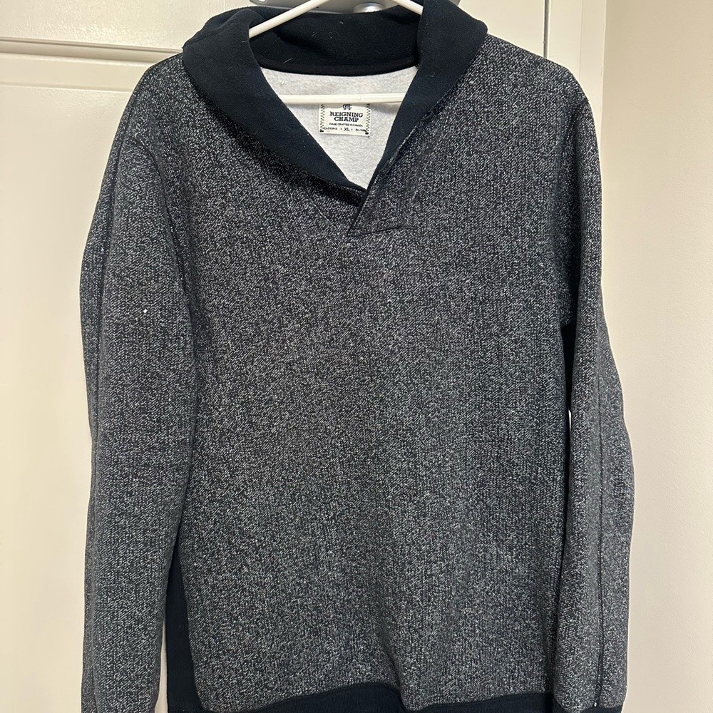 Reigning Champ Men's V-Neck Shawl Collar Sweater in Heather Charcoal and Black